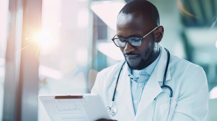 Focused doctor using tablet in modern medical office, consulting patient data for precise treatment decisions and healthcare management.