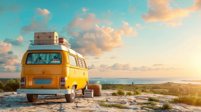 Vintage yellow van parked on a scenic cliffside overlooking the ocean at sunset, symbolizing adventure and travel.