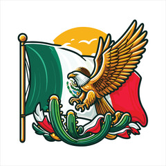 Mexican flag with bold red, white, and green hues, eagle holding snake, and cactus. Vector pennant with 3d papercut effect exudes the rich cultural heritage and spirit of Mexico