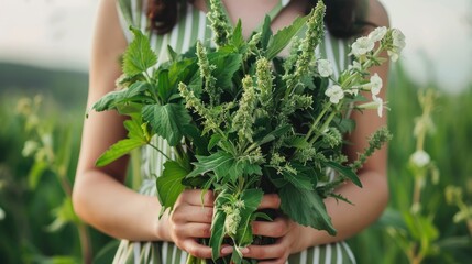 Fototapeta premium close-up of a woman holding flowers of her stepmother. Selective focus