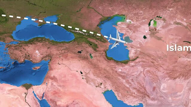 International flight travel route from Paris to Islamabad on worlds map in 4K