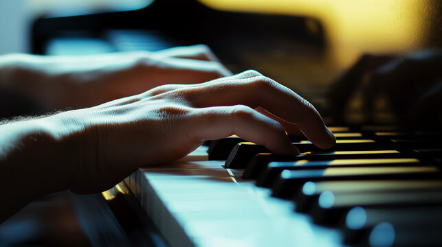 A musician's fingers delicately pressing piano keys during an emotional piece captured in tight focus.