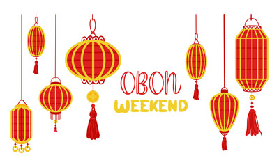 Weekend OBON. Japanese lantern festival Obon on white. A traditional summer festival. Day of the Dead in Japan. August 13-15. Lanterns they hang a lot on the sides with the inscription day. Relatives