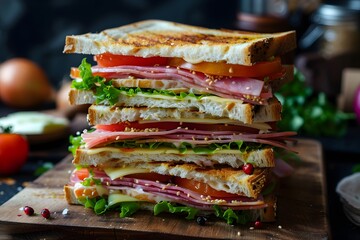 A stack of sandwich with ham and vegetables.