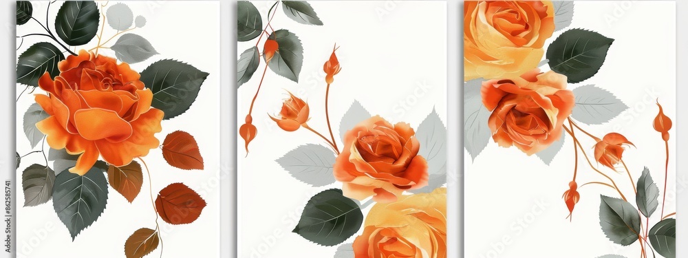 Wall mural The watercolor wedding invitation template features romantic orange flowers and leaves - Wall murals