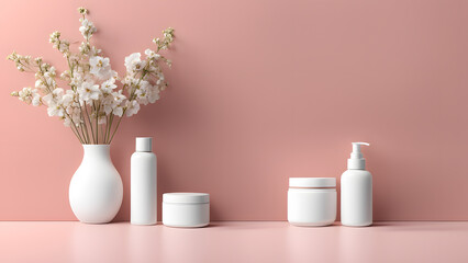 A white vase with flowers sits on a table next to several bottles and a pump