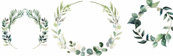 Fototapeta premium Greenery leaf wreaths and bouquets with watercolor frames