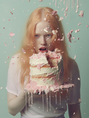 Girl holding a messy cake with splashes around her face.