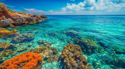 Fototapeta premium Tropical summer cove with clear cyan water and vibrant orange coral, perfect for copy space for text