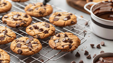 Homemade chocolate chip cookies freshly baked and cooling on a wire rack, accompanied by a pot of melted chocolate for dipping.