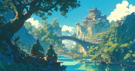 Cartoon scene of a lo-fi fantasy journey through picturesque river landscapes.