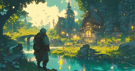 Lo-fi cartoon depicting a charming fantasy journey across mystical river lands.