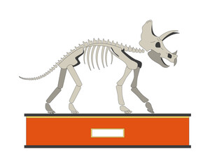 Triceratops exhibit 2D linear cartoon object. Dinosaur skeleton on display isolated line vector element white background. Fossil exhibition. Paleontology museum color flat spot illustration