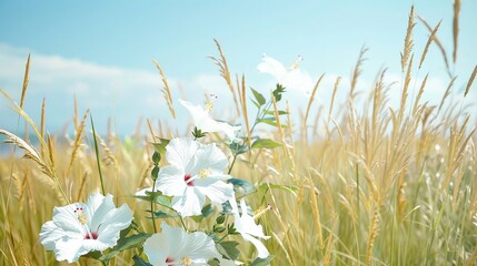 Minimalist summer meadow with white hibiscus and tall golden grass swaying in the breeze, providing plenty of copy space for text