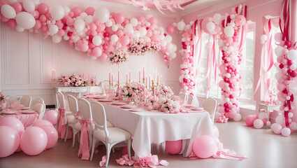 pink and white balloon garland decorates the room. There is a long table with a white tablecloth and pink chairs