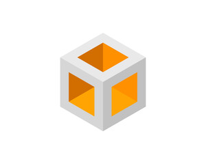 Cube logo, geometric vector design. Box logotype company, trendy tech emblem in pixel style.