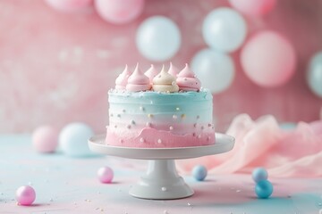 A pink, blue, and white cake with pink frosting and pink