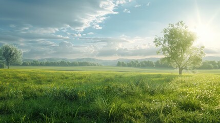 Fototapeta premium Vibrant Photorealistic Meadow Landscape with Metallic Patterns and Color Grading under Natural Light
