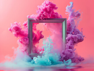 Vintage golden frame in colorful clouds, abstract ink in the water background with copy space 