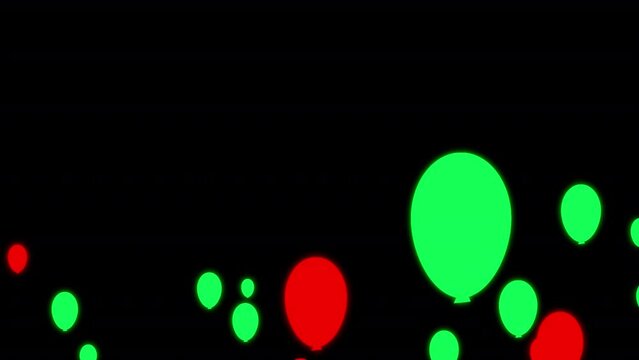 green and red color balloons animation on black background, balloon fly away in air animation, celebration template animation on black sreen.