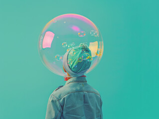 Back of a person who's head is in huge soap bubble, isolating them from outside world.. Modern isolation, beliefs, social media, mental health concept, with copy space