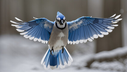 A blue jay with its wings spread wide is flying 