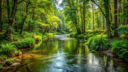 Meandering river flowing through dense forest with various plants and trees, river, forest, water body