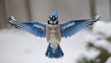 A blue jay with its wings spread wide is flying 