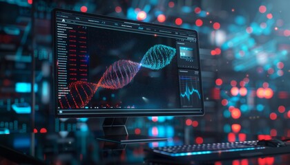 bioinformatics software analyzing DNA sequences on a computer screen. This image should include complex data visualizations such as sequence alignments, phylogenetic trees, or mutation analysis charts