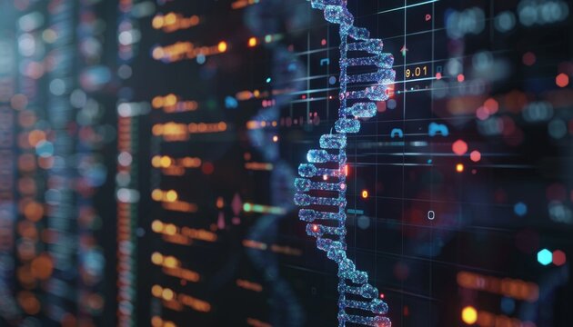 bioinformatics software analyzing DNA sequences on a computer screen. This image should include complex data visualizations such as sequence alignments, phylogenetic trees, or mutation analysis charts