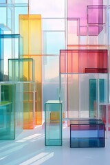 Abstract sculptures made of colorful glass in pastel colors, luminous, fun and futuristic. Modern windows to bright future