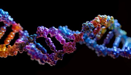 DNA double helix structure. This image should highlight the twists and turns of the helix, showcasing the base pairs (adenine-thymine and cytosine-guanine) in vivid detail.