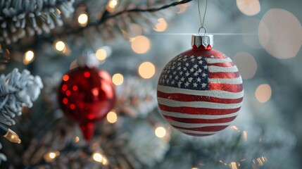 christmas tree ornament with american flag design, blurred lights background, bokeh effect