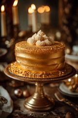 Fototapeta premium Luxurious golden cake on golden pad with glamorous decorations perfect for celebrations and minimalistic and rich elegance minimalism