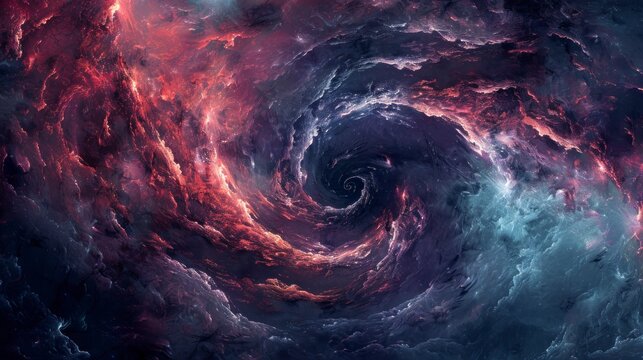 A swirling vortex in dark indigo, black, red, and blue descends ominously into an abyssal void.
