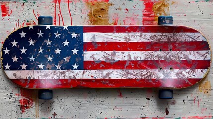 artistic skateboard with american flag graffiti against textured white wall background