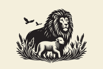 Lion and lamb. Biblical story. Vintage black engraving illustration. Vector element