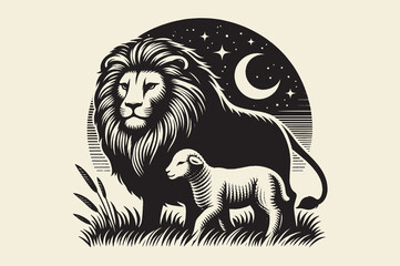 Lion and lamb. Biblical story. Vintage black engraving illustration. Vector element © Victoria