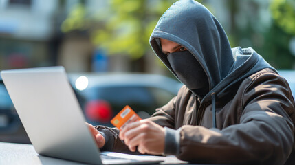 A masked individual in a hoodie using a laptop outdoors, holding a credit card, cybersecurity, identity theft, and online fraud, digital security, scams, hackers
