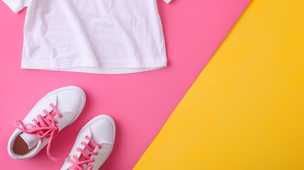 Top view of white woman t-shirt and pink shoes on pink and yellow background