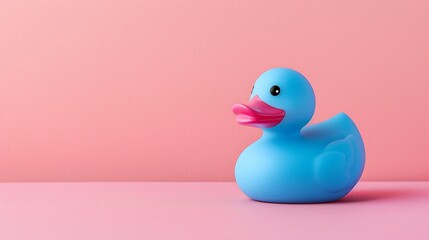 Toy blue duck on a pink table