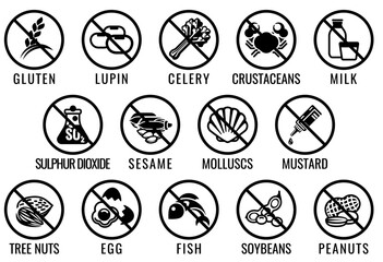 Free from food allergen allergy icons. Include big 8 FDA Major Allergens and 14 food allergies from the EU Food Information for Consumers Regulation EFSA European Food Safety Authority Annex II
