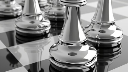 Sleek chrome chess pieces stand ready on classic board