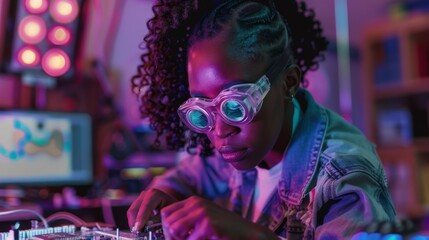 Obraz premium African woman engineer wearing safety goggles soldering a circuit board.