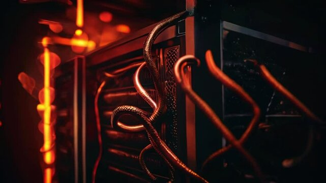 The video is of a computer case with orange lighting. There are cables and a fan visible inside the case.