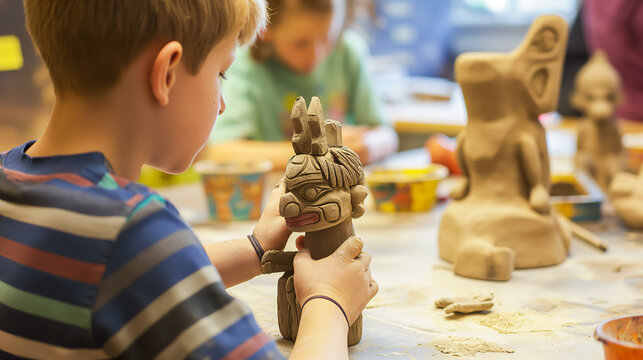 Children's educational workshop where kids are creating small clay models inspired by totem pole animals under the guidance of an instructor.