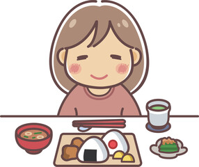 おにぎりセットを食べる女の子のイラスト素材