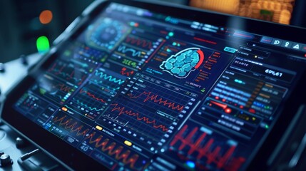 Futuristic digital interface with a brain scan.