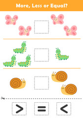 Comparison Worksheet with Cute Cartoon Insects for Kids. Counting Games for Preschoolers. More or Less Worksheet for Kindergarten.
