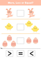 Comparison Worksheet with Cute Cartoon Easter for Kids. Counting Games for Preschoolers. More or Less Worksheet for Kindergarten.